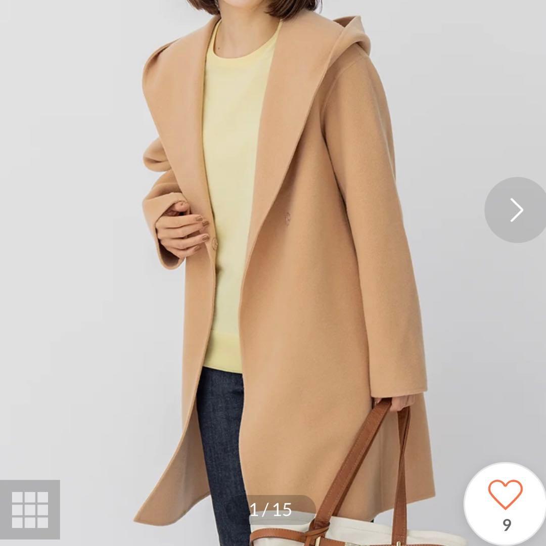 【大きいサイズ】23区　ウールリバー フード付き ミドル丈コート　キャメル　46