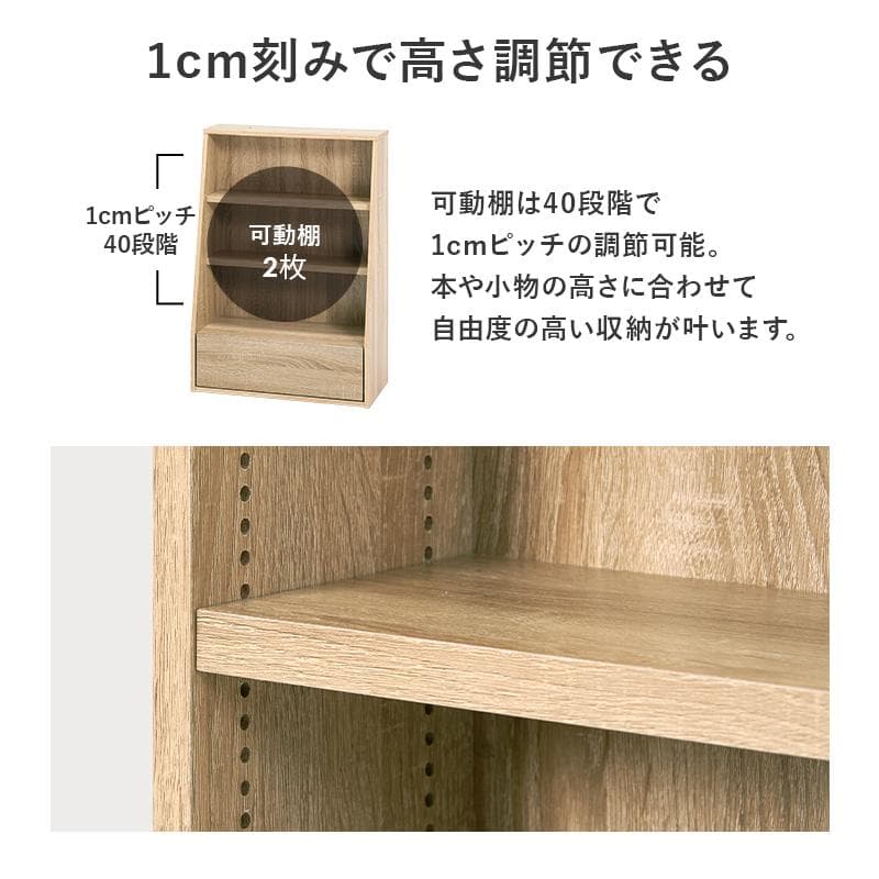 1cm刻みで調節引き出し付き本棚 ロー 幅60cm ブラウン [8479]