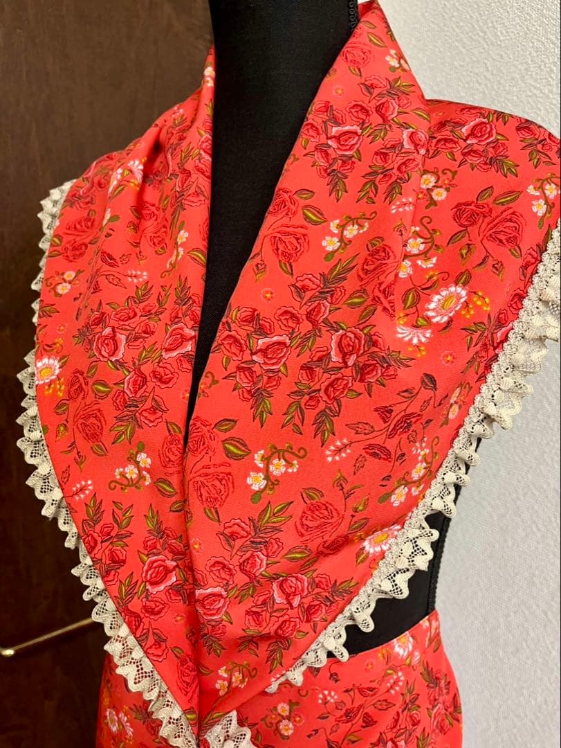 フラメンコ エプロン ロング丈 コーラルオレンジ花柄