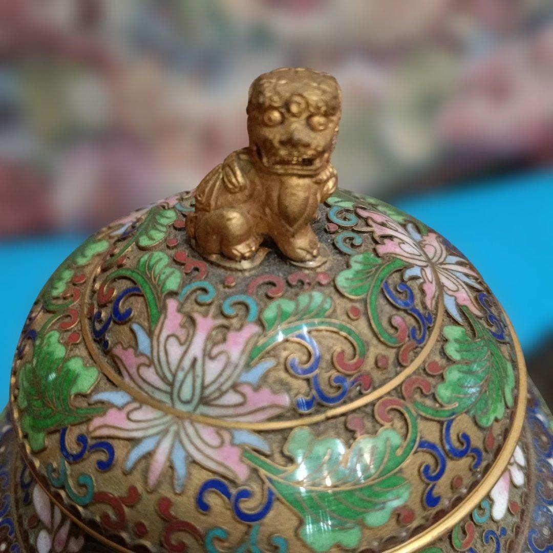 中国美術　七宝焼（景泰藍）金獅子香炉.沈香壺 昭和レトロアンティーク