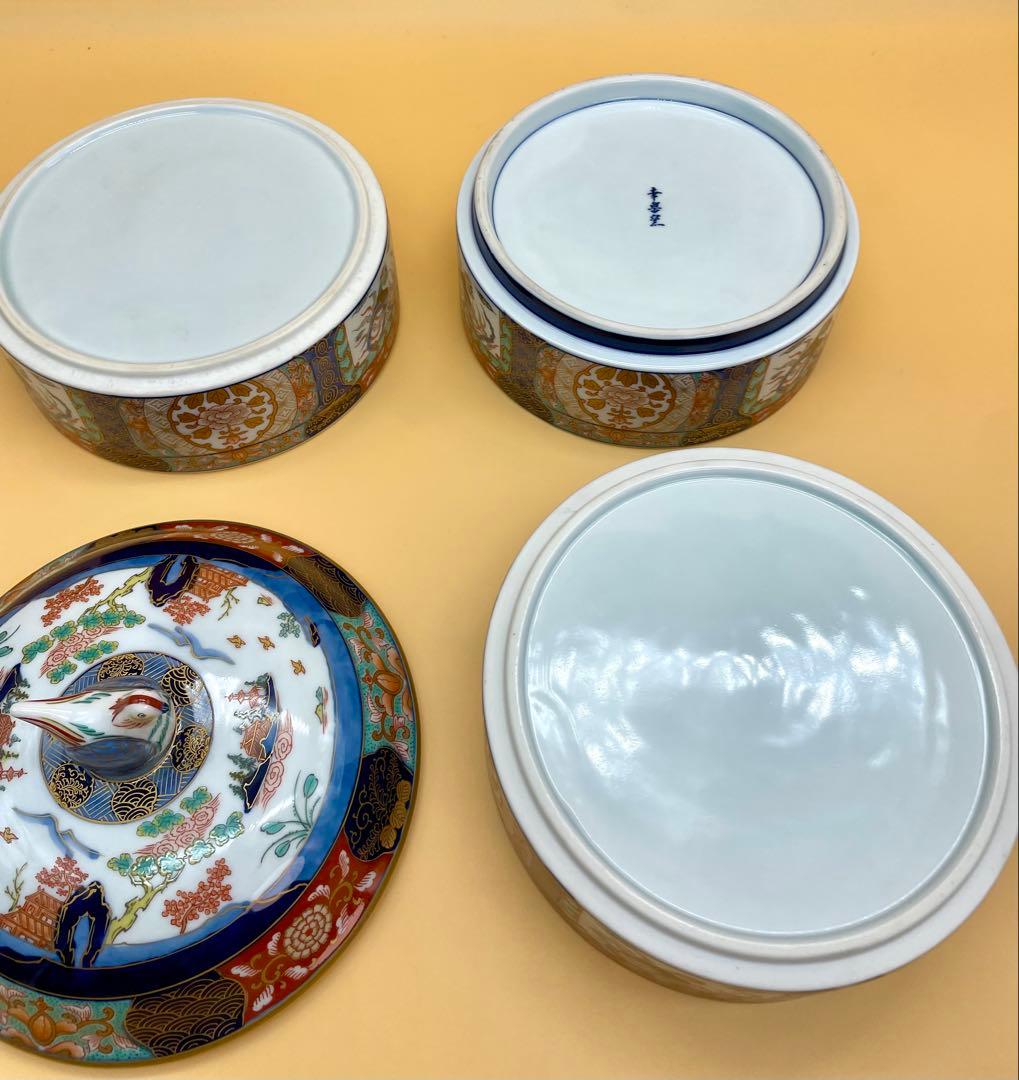 【新品未使用】有田焼 幸楽窯 古伊萬里　色絵山水　金彩 三段重　木箱付き