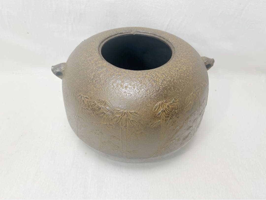 未使用 茶道具 釜師 木村宗哉造 竹林紋 姥口平丸釜 亥釻付 釜印 共箱 二重箱
