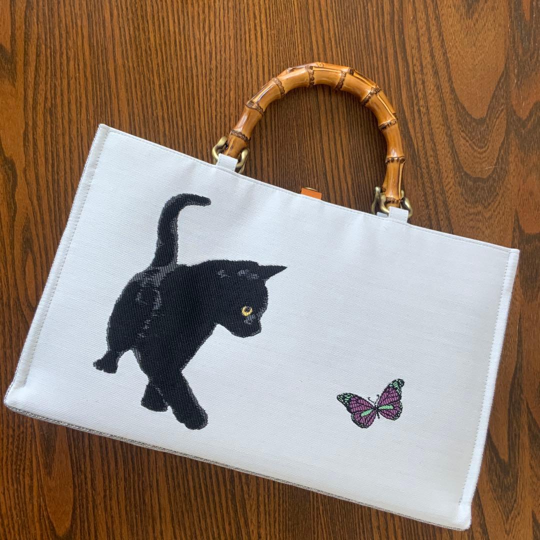 帯　猫と蝶々　リメイク　バンブーハンドルバッグ　浅型マチ広め