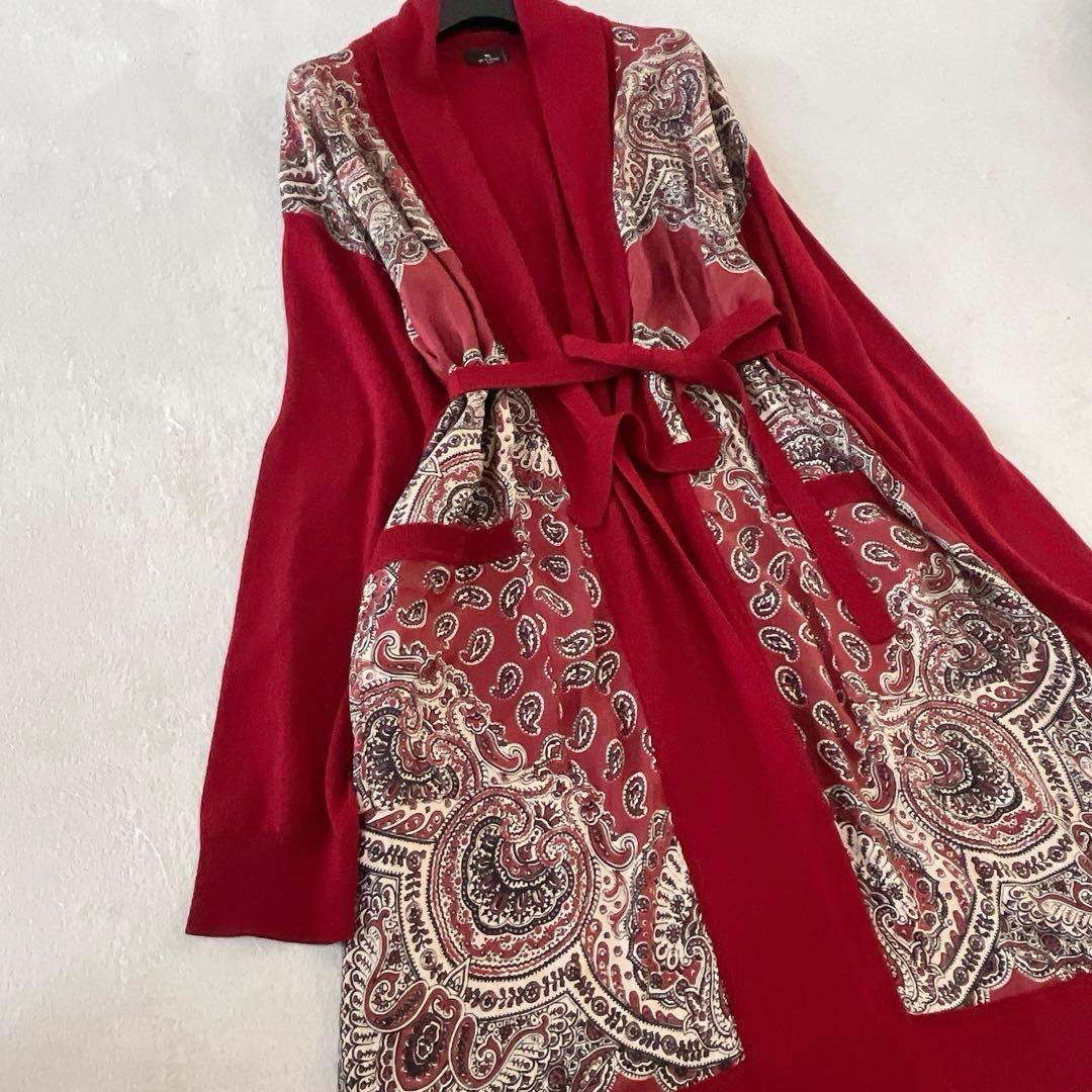 美品★ETRO★シルク×ウール 切り替え リボン ロングカーディガン サイズ46