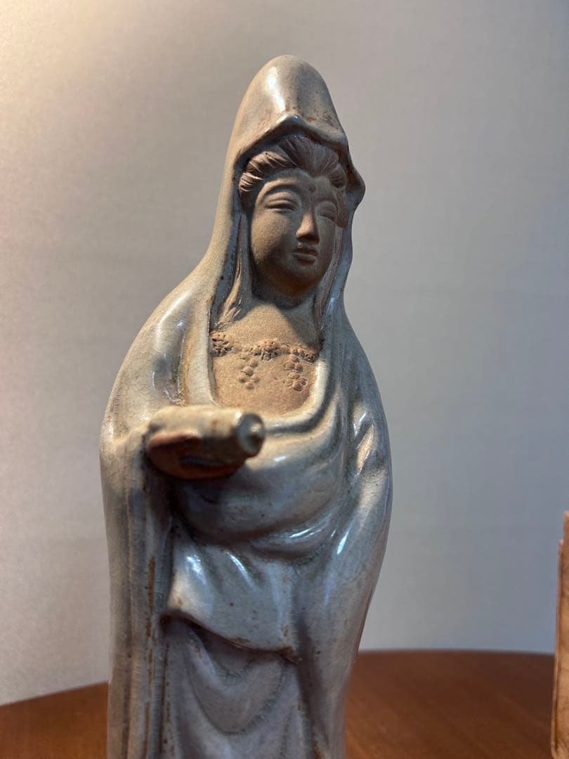 萩焼　大和松緑（大和吉孝）作 観音菩薩立像　元窯　観音置物　共箱付