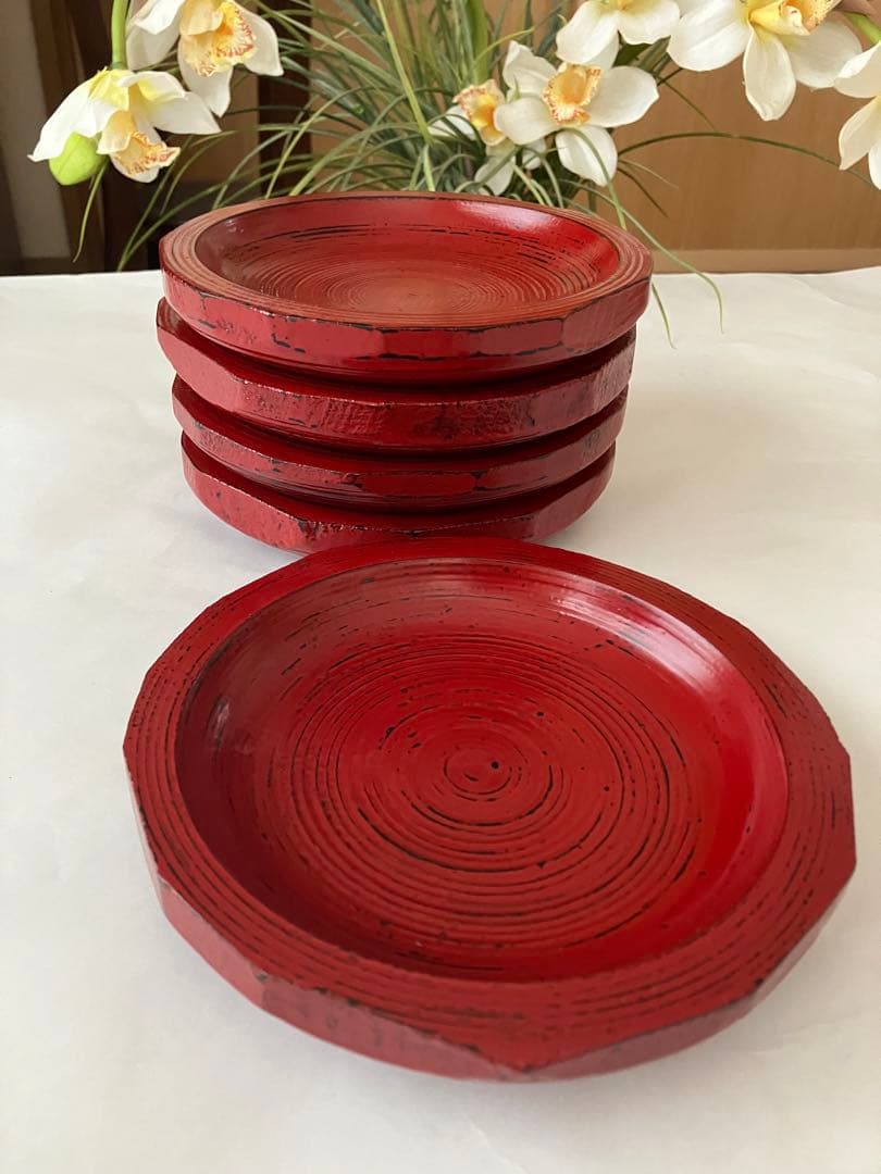 未使用❤️希少　山岸厚夫　漆 木製　粗挽き　銘々皿　5枚セット　約16.5x3.5