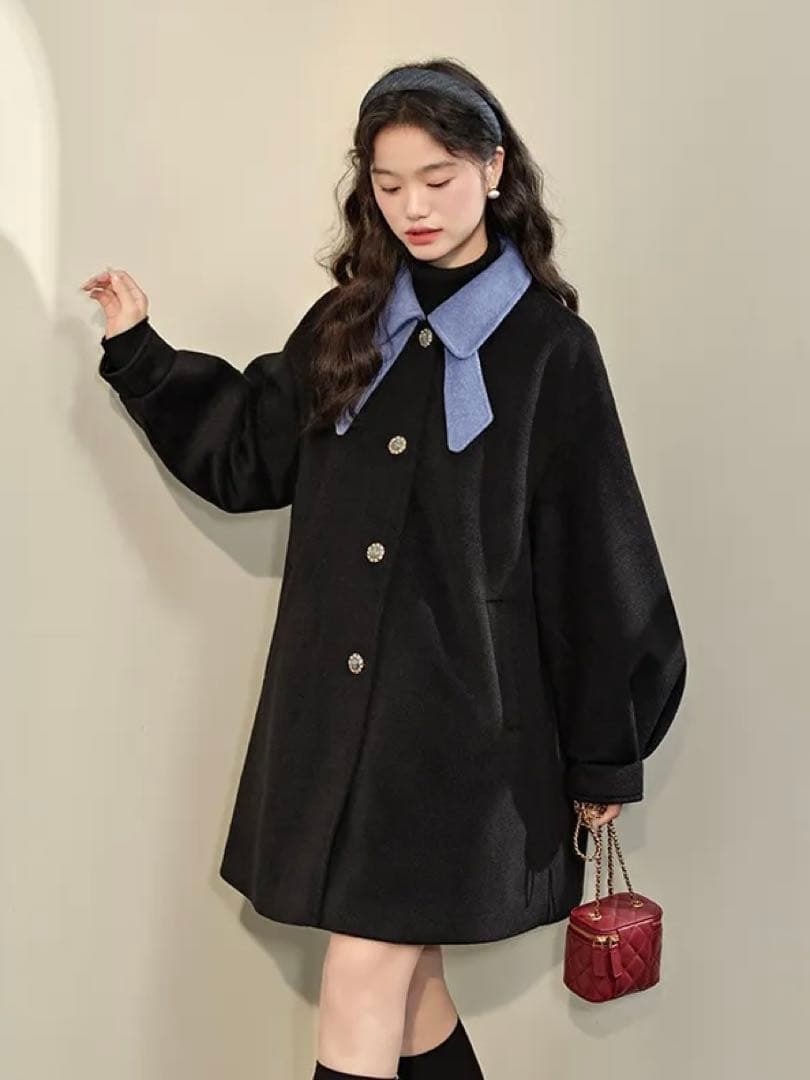 kuose ボウカラーコート　リボンカラー　水色　黒　配色　バイカラー