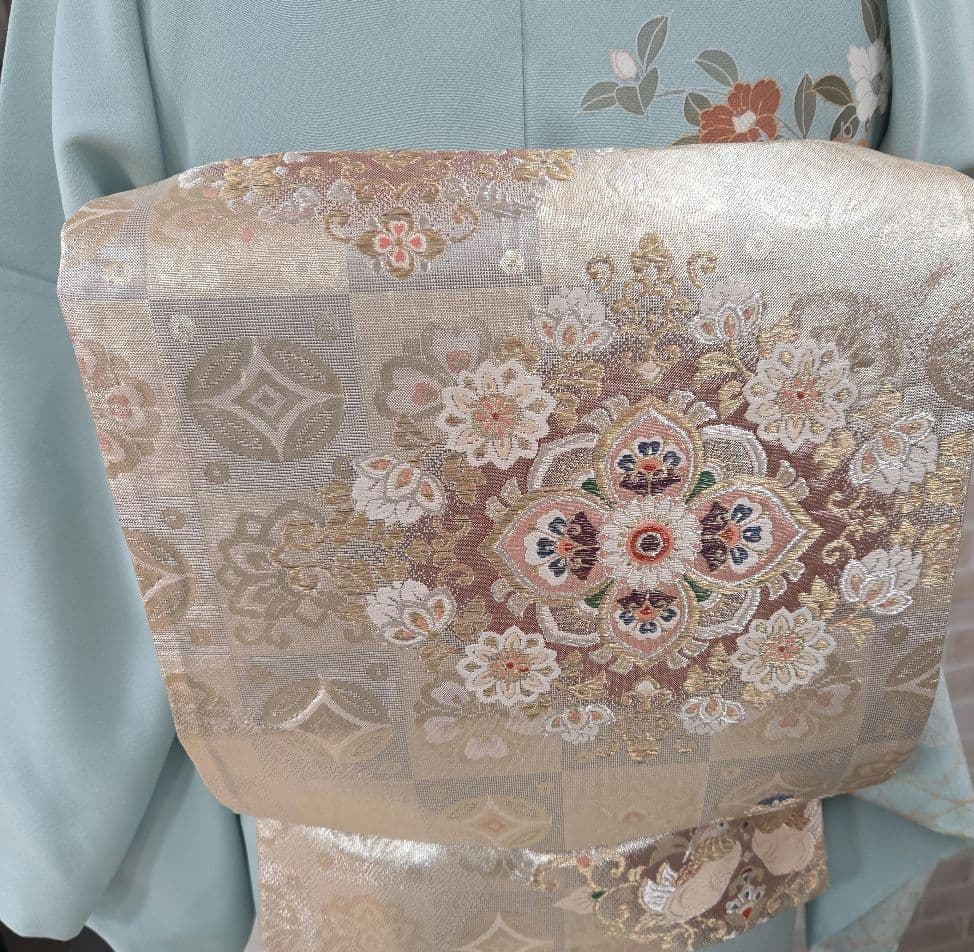 しつけ糸付き未使用水色訪問着4点フルセット、着物、袋帯、帯締め、帯揚げ