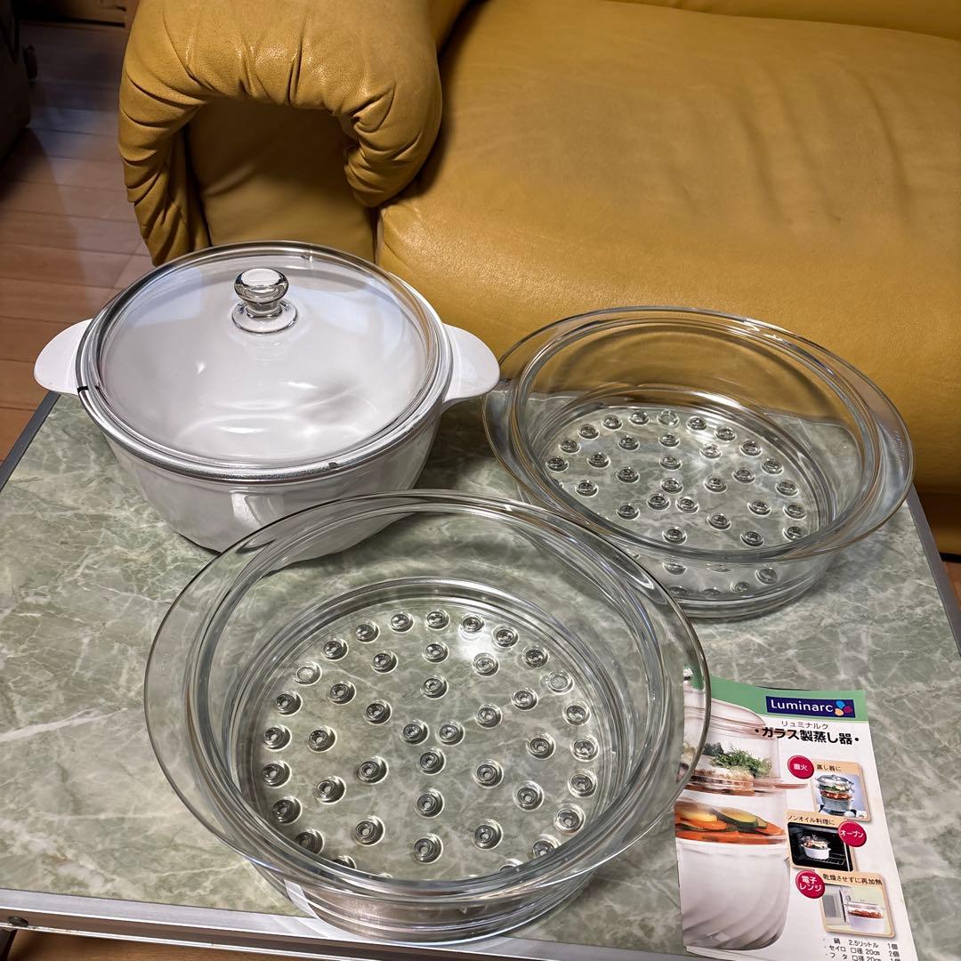 未使用フランス製リュミナルクガラス製蒸し器2段、説明書レシピ付