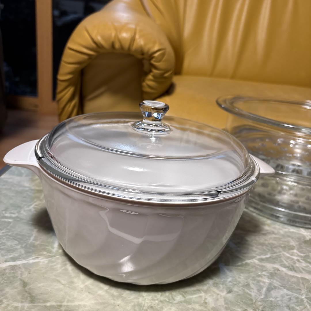 未使用フランス製リュミナルクガラス製蒸し器2段、説明書レシピ付