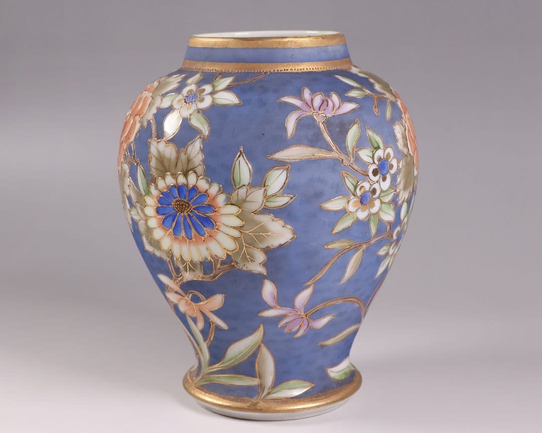 【CM306】オールドノリタケ 草花 花瓶 高17.5cm 金彩 花入 青 明治