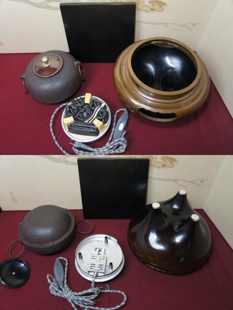 専用☆唐銅朝鮮風炉釜 南鐐(銀)摘み唐銅蓋 釜鐶 410W電熱器 敷板送料込み