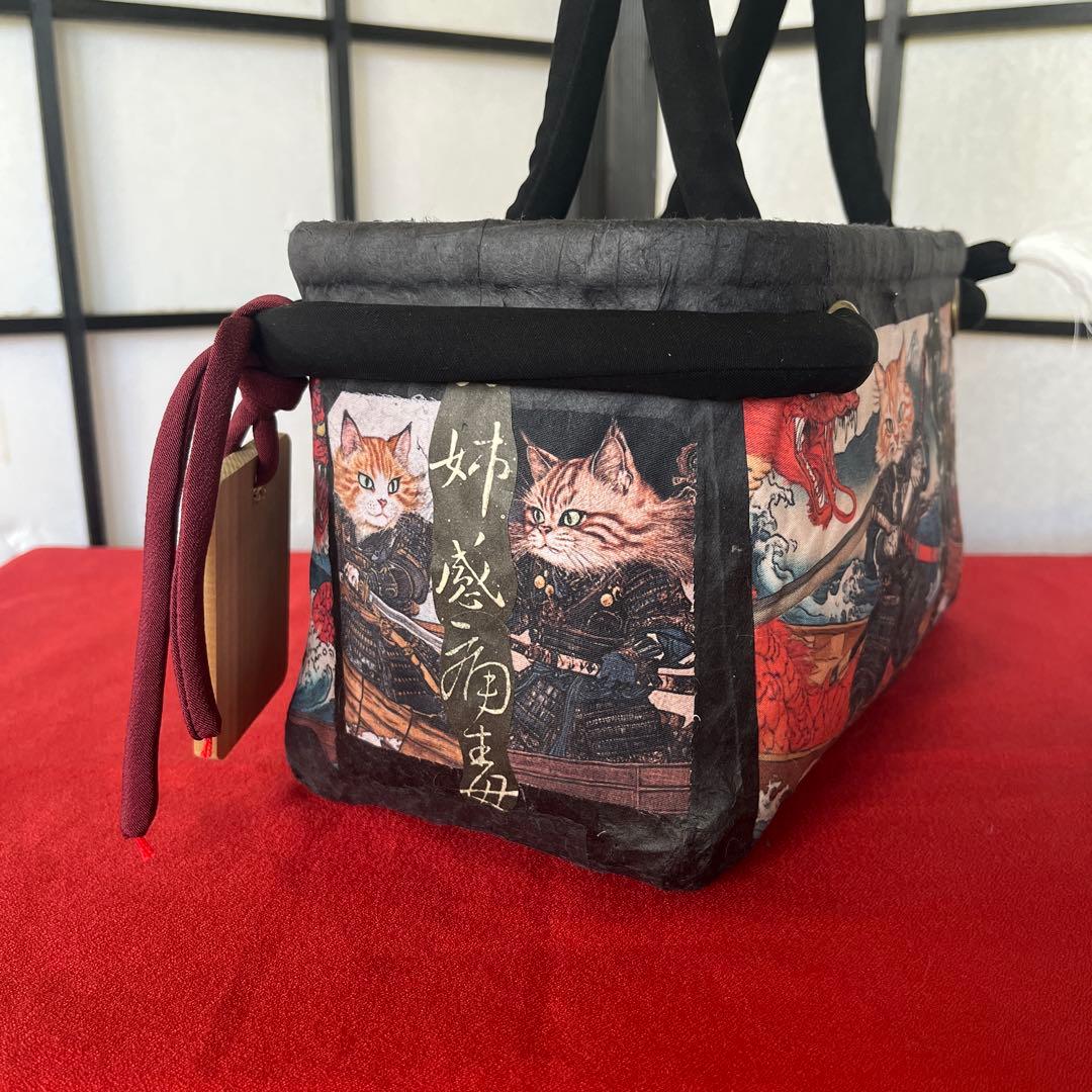 侍猫 一閑張り バッグ かごバッグ ハンドバッグ 和柄 猫 龍 小さめ