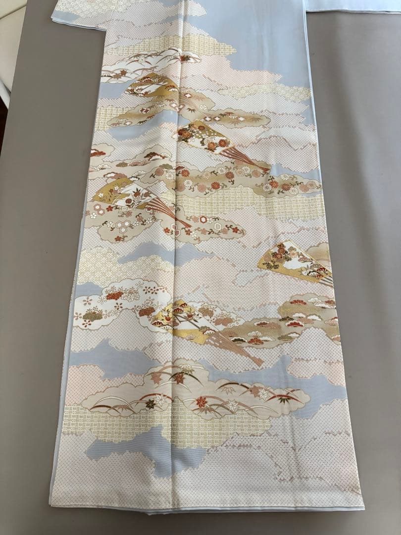 正絹 ごく薄水色 金彩友禅 古典文様 袷 訪問着 上前友禅柄入り共八掛 未使用