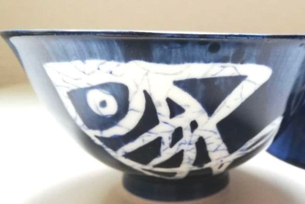藍色 お魚 ご飯茶碗 １個　 ⑧　おまけ付き 箸置き