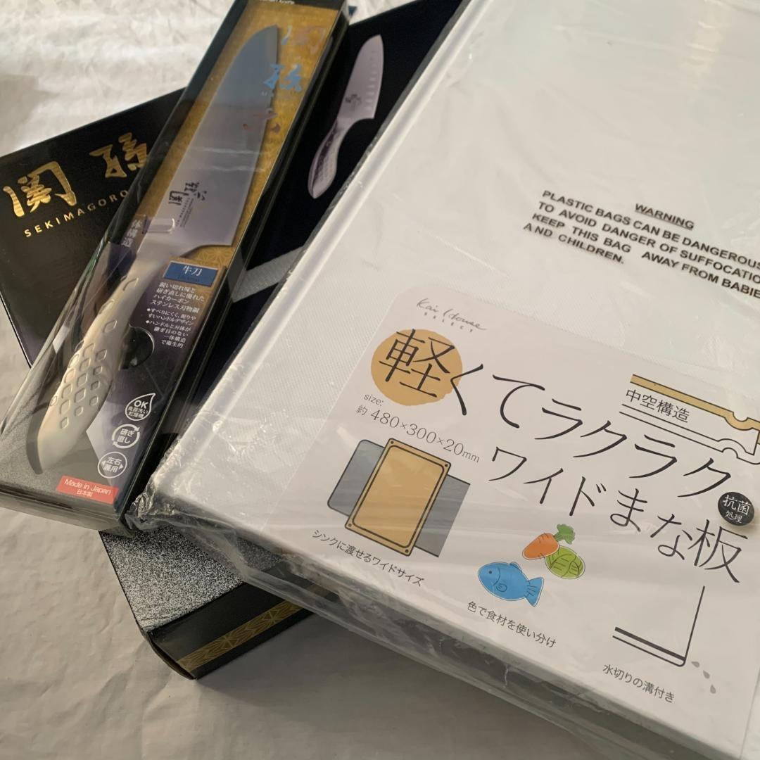 新品 貝印 関孫六 ７点セット シェフ 三徳 小三徳 研ぎ器 鋏 包丁立 まな板