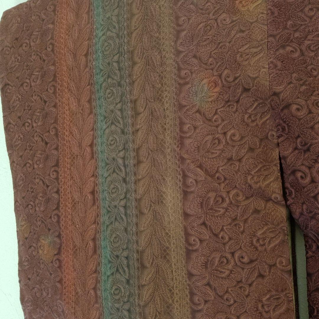 値下げ♡試着程度❣️老舗鈴乃屋　膨れ織　えんじ色系　縦柄道中着ロング丈裄…68㌢