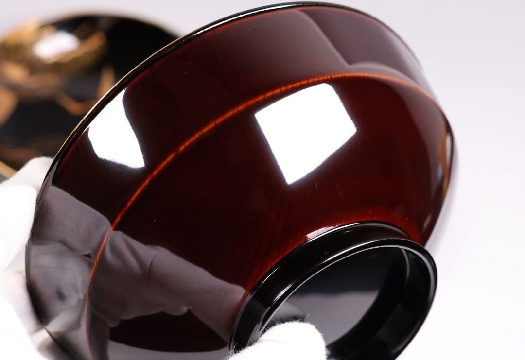 【CM378】大正期 月と松 飛翔鶴 金蒔絵 欅地溜塗 黒塗 椀二客 木製漆器