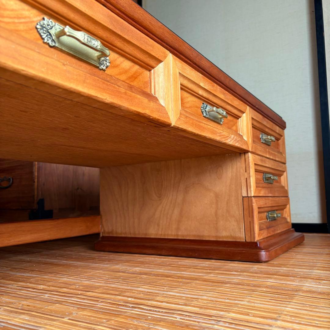 特注品【無垢材×ガラス天板】和モダン デスク ローテーブル 5杯 柿渋×蜜蝋