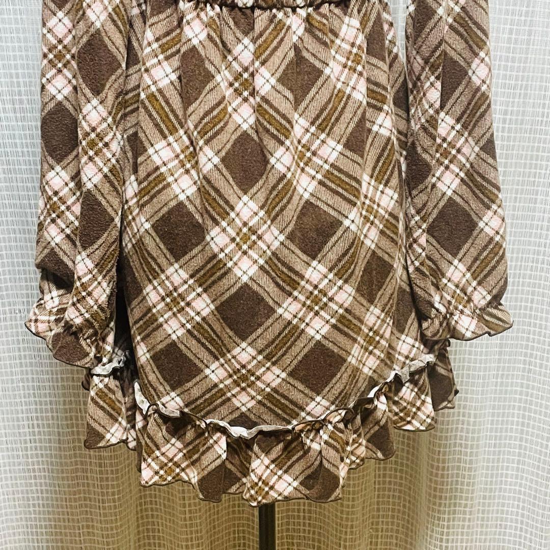 00s 希少　LIZLISA✨（リズリサ）茶色チェック オフショルワンピース