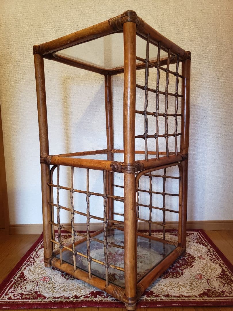 ラタン 藤 ガラス3段 棚 格子 飾り棚 収納 花台 入手困難 ヴィンテージ