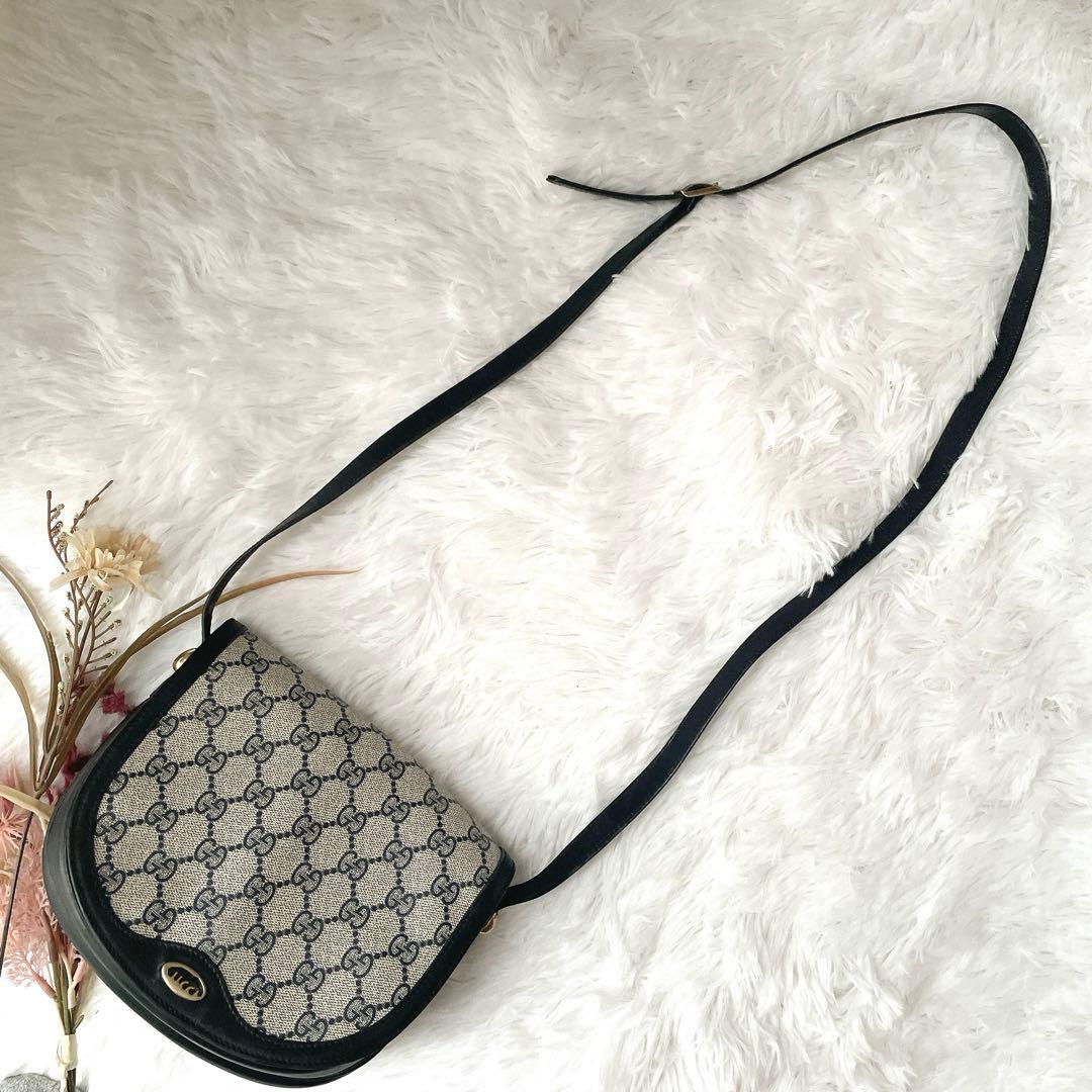 美品⭐︎OLD GUCCI ggシマ ネイビー レザー ロゴ金具 ショルダーバッグ