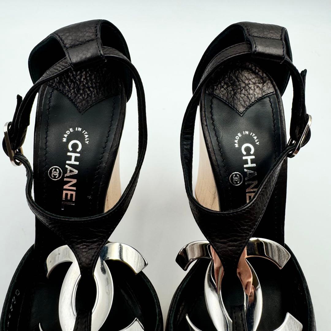 CHANEL サンダル　ココマーク　ブラック　レザー　ウッド　サイズ34 1/2