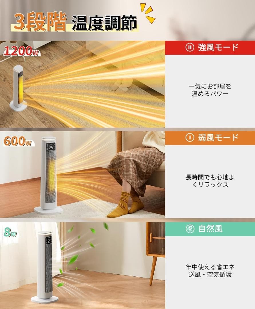 セラミックヒーター 1200W【1秒速暖】3段階温度調整 左右首振 8畳〜16畳