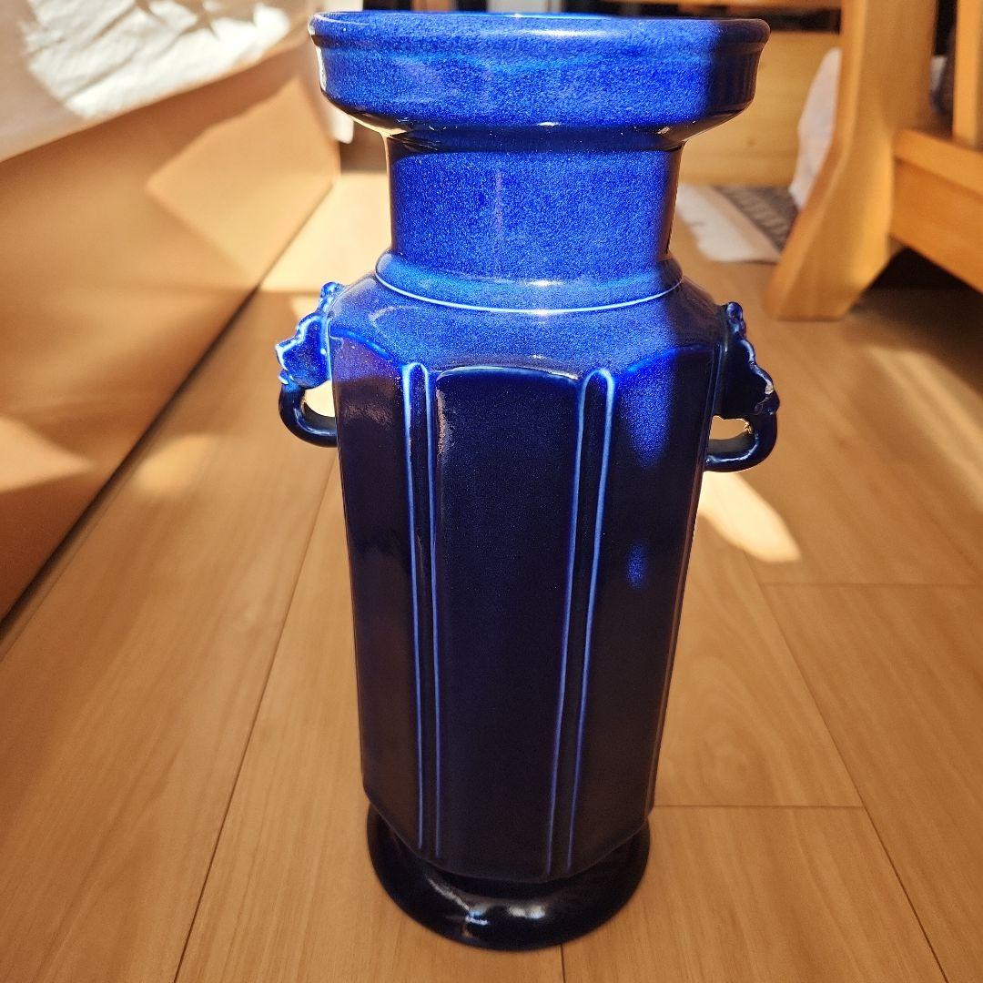 清朝瑠璃8面取り蜻蛉耳付き花入れ