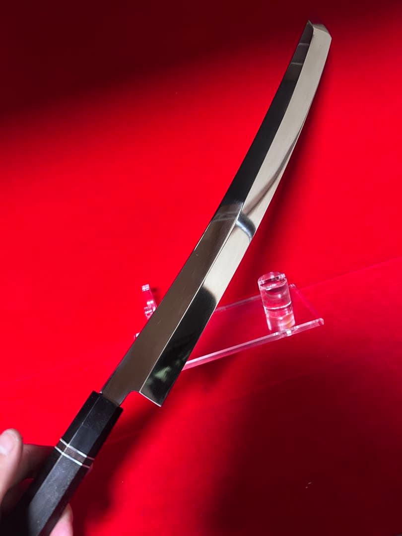 包丁　先丸型　マグロ包丁　尺ニ　鬼反り　鏡面仕上げ　切味抜群　箱付　未使用品