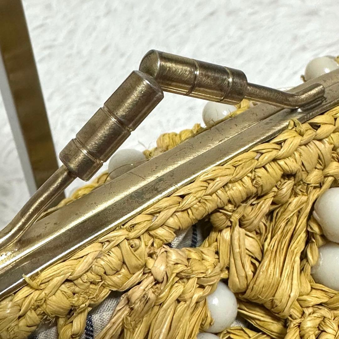 美品✨ジャマンピュエッシュ がま口 ビーズ ワンショルダーバッグ ラフィア カゴ