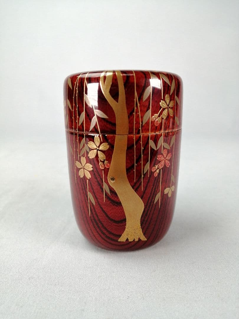 【茶道具】塗師中村宗悦造　欅溜塗枝垂桜蒔絵長棗　茶器　棗293