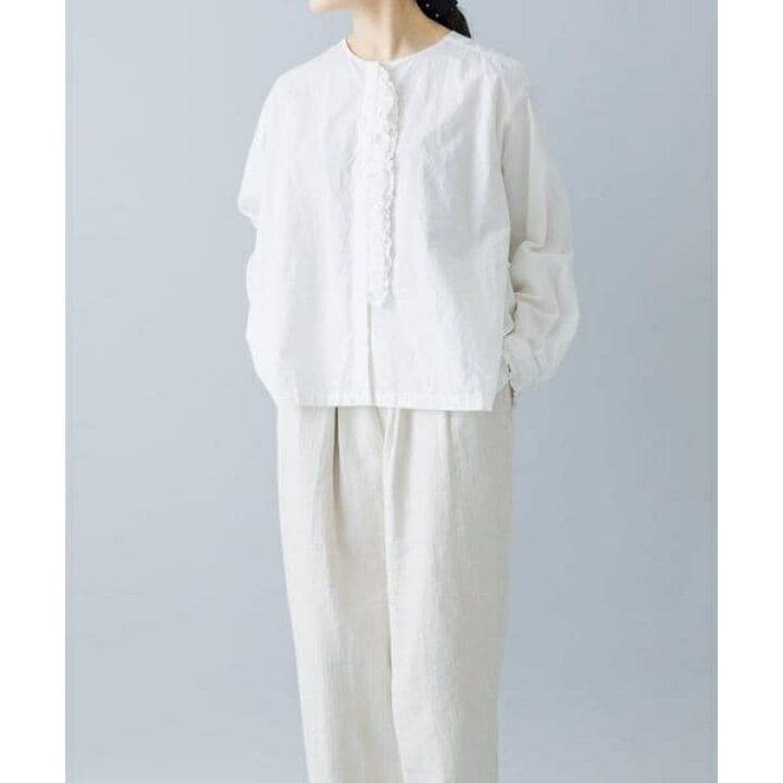 2025年SS かぐれコットンリネンフリルブラウス　チャコール