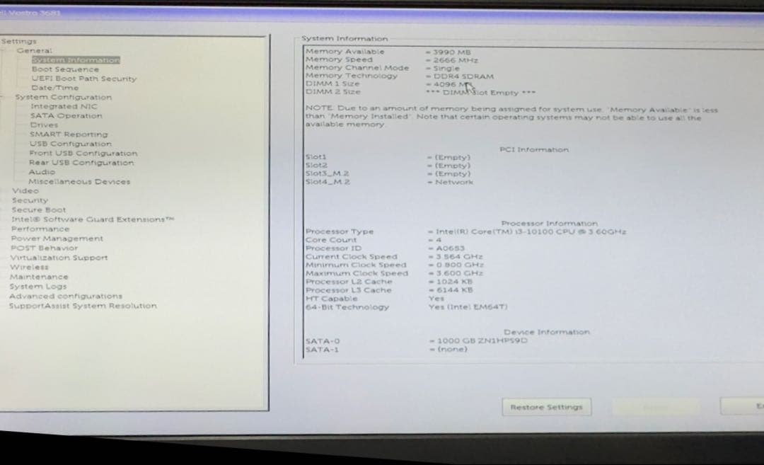 DELL Vostro 3681 デスクトップPC i3 10100 win10