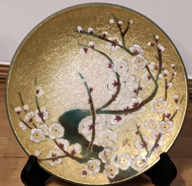 七宝焼き　銀彩　梅飾皿　金地梅 飾皿