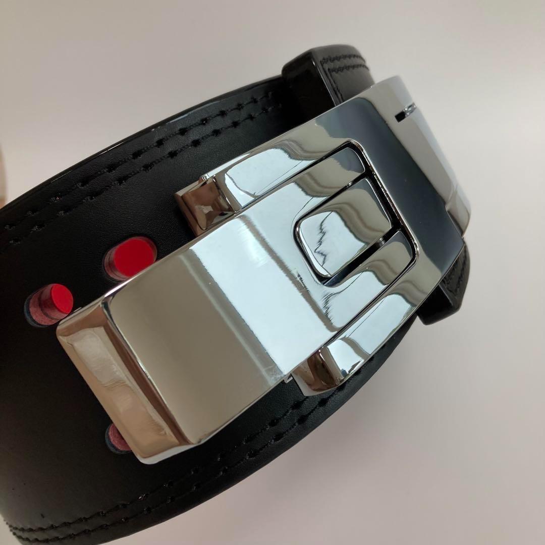 【B級品】 パワーベルト レバーアクション 本革 黒赤ベルト 可変式 銀バックル