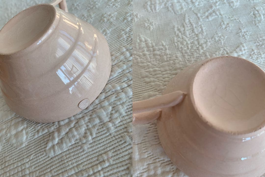 フランスアンティークサラディエ＆カップ2個・ドイリー＆カフェカーテンクロス計5点