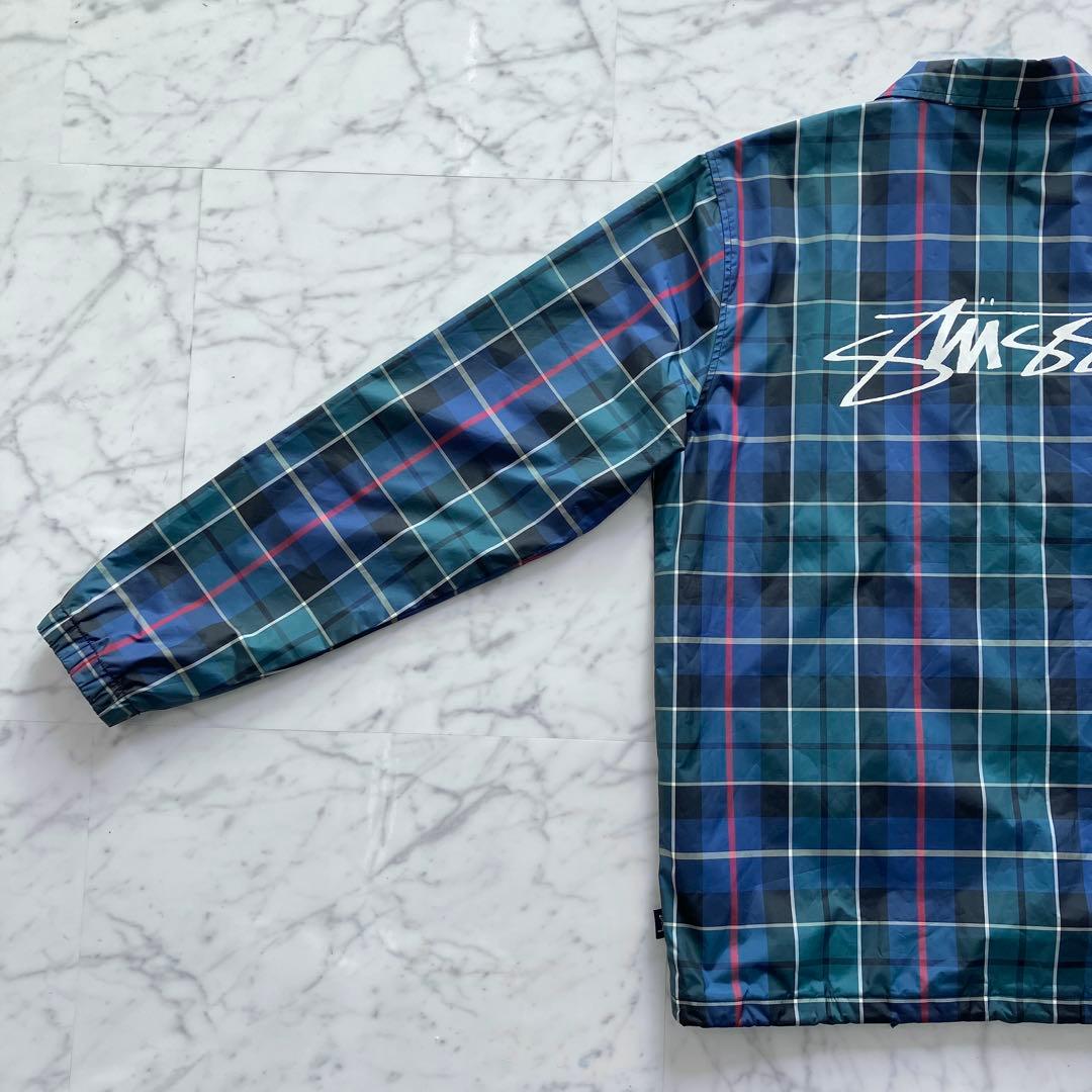 【美品✨】Stussy チェック柄 コーチジャケット ロゴ刺繍 緑 Mサイズ