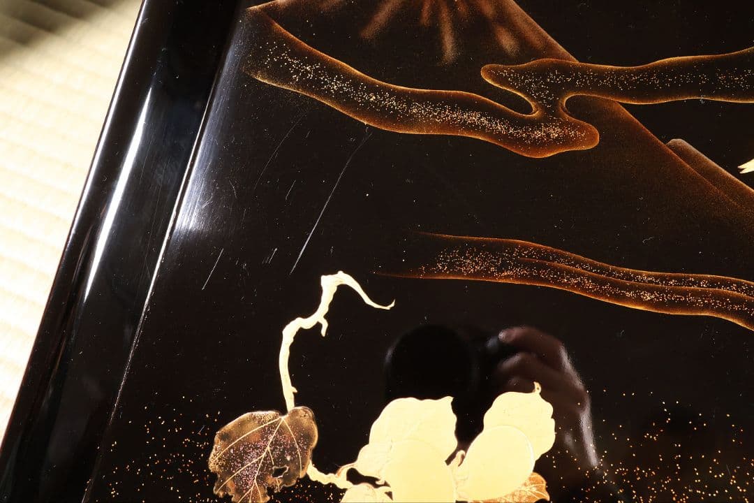 一富士二鷹三茄子 金蒔絵 黒塗四方膳 足付 五客 35cm 木製漆器【CM389