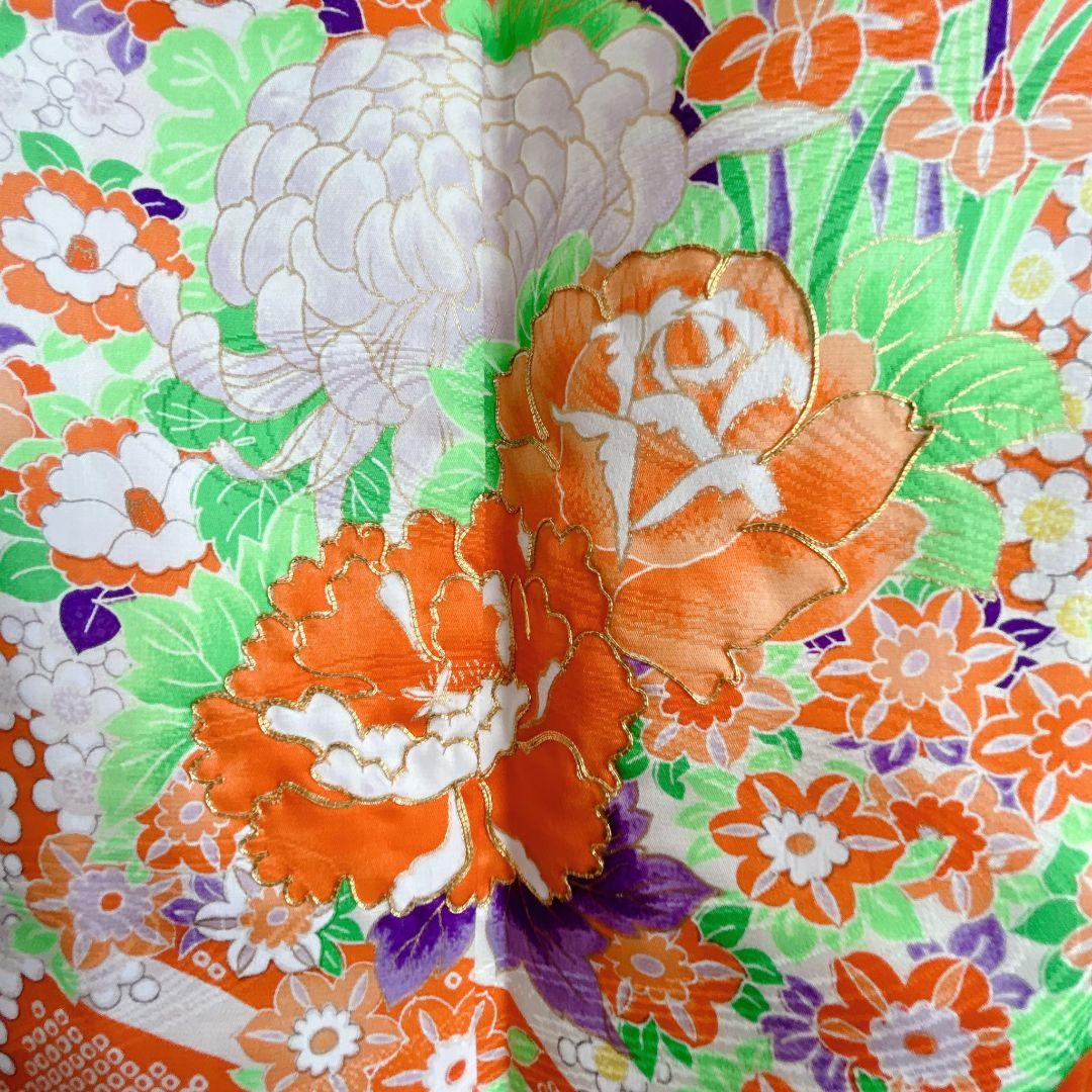 美品　フルセット　七五三７歳女の子　着物　化繊　オレンジ　51975