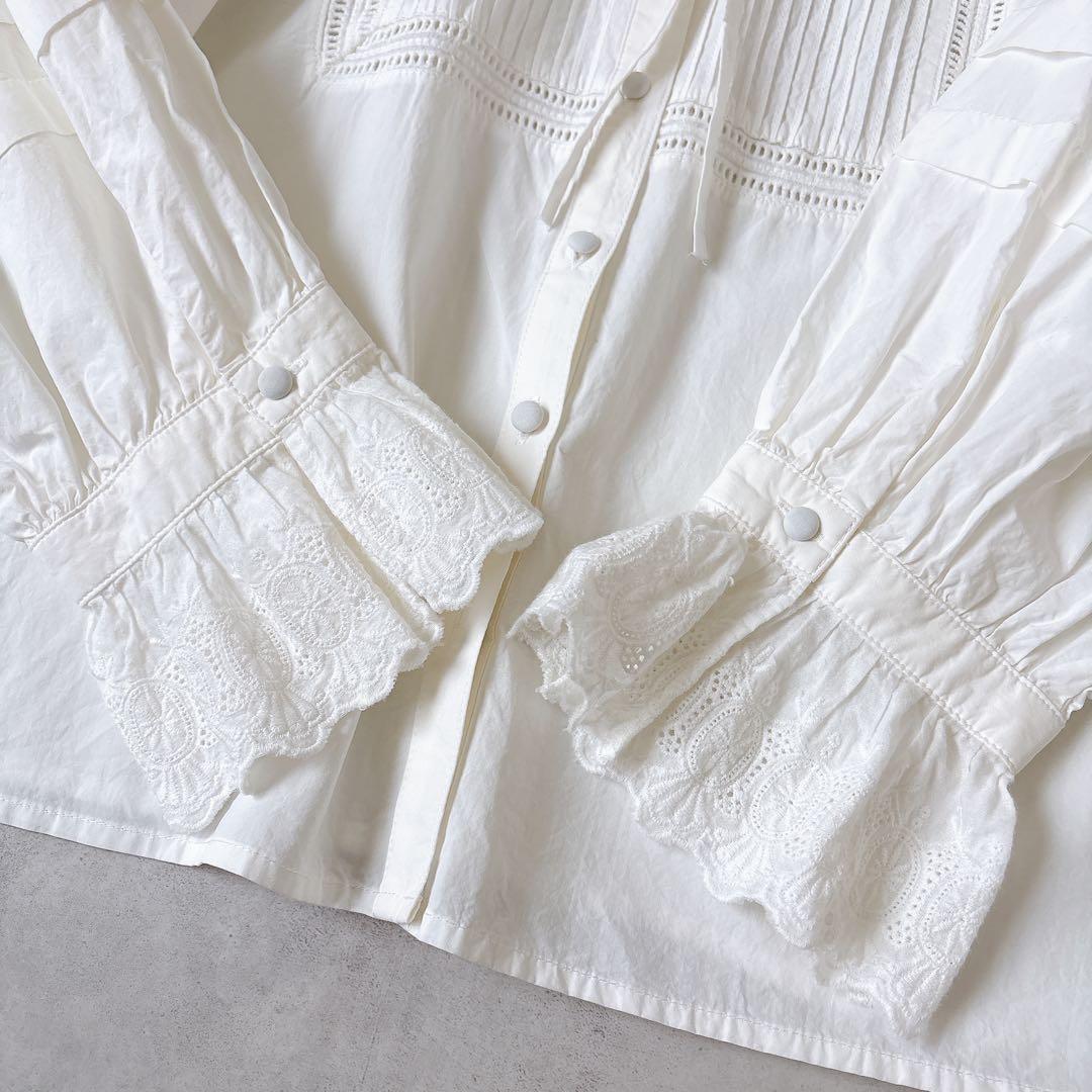 ドットアンドストライプス ピンタック レースブラウス 白 コットン F