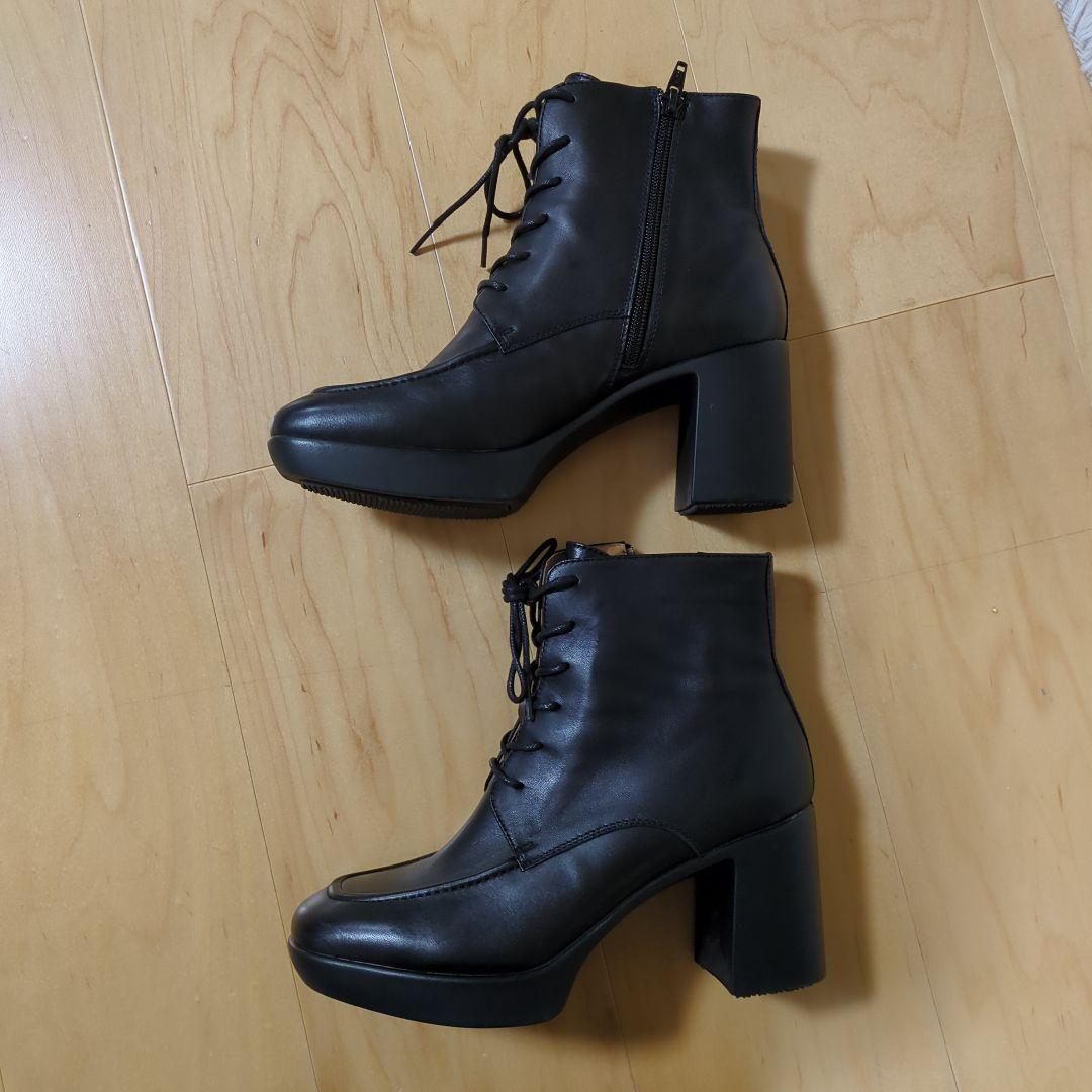 あしながおじさん　ブラックレザー編み上げブーツ　24cm　スクエアトゥ