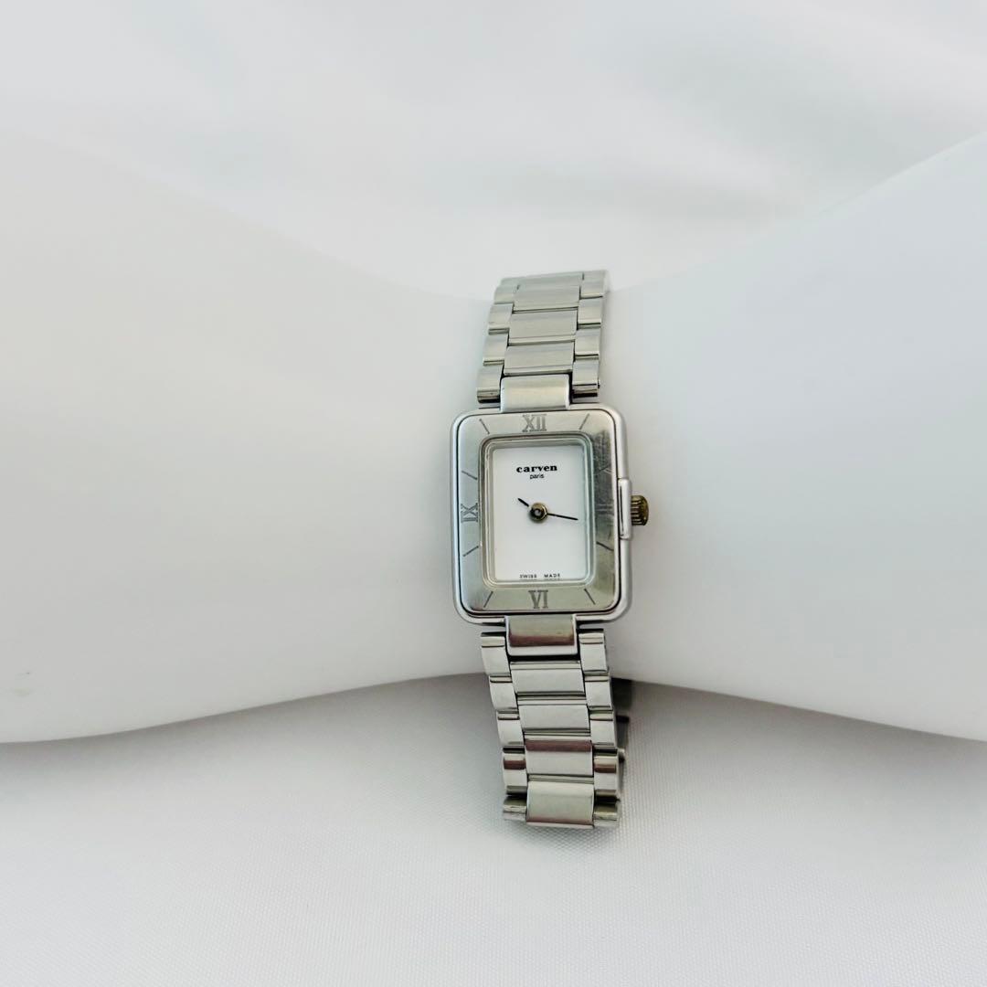 稼働 Carven カルヴェン 腕時計 スイス製 スクエア シルバー レディース