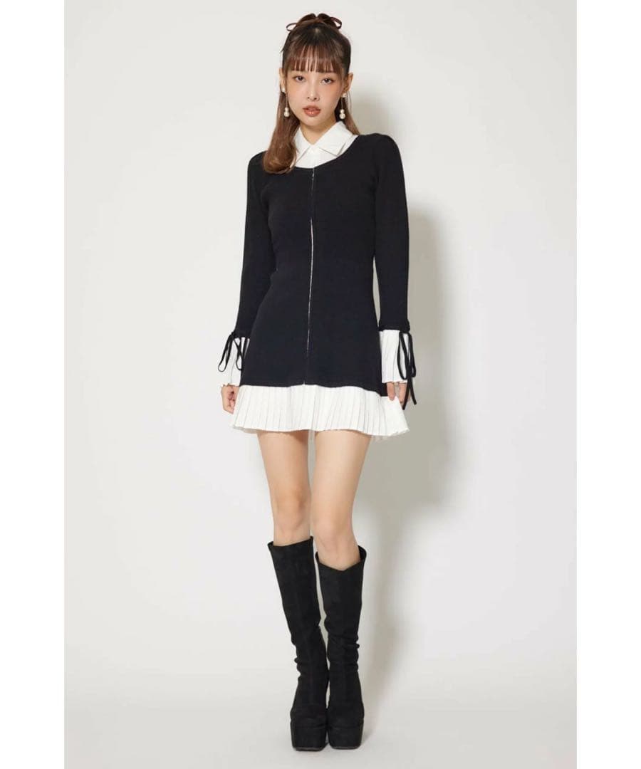 rienda レイヤードパターンシャツニットミニワンピース 美品