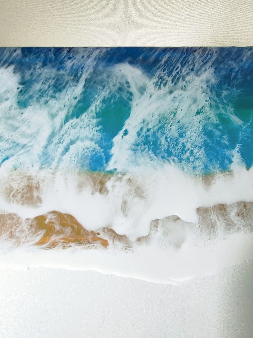 【訳あり】波デザイン昇降式テーブル　レジンテーブル　海アートテーブル