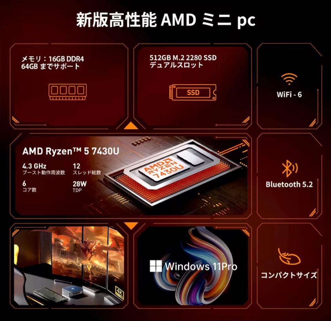新品未開封NIPOGI ミニpc AMD Ryzen 5 7430U