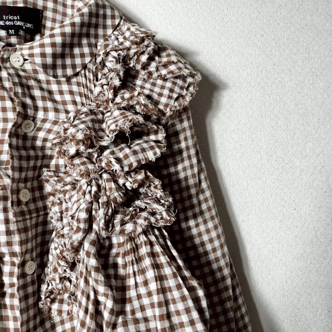 トリココムデギャルソン 立体フリルシャツ チェック バラ 花 丸襟 コットン綿