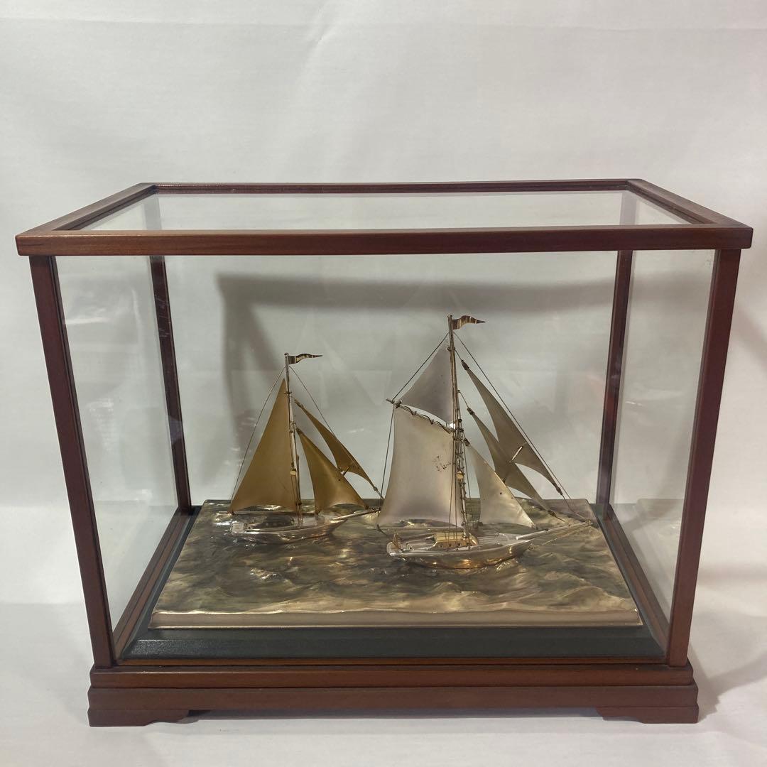希少 2隻　シルバー製の帆船置物 ガラスケース付き　船　計124g 断捨離