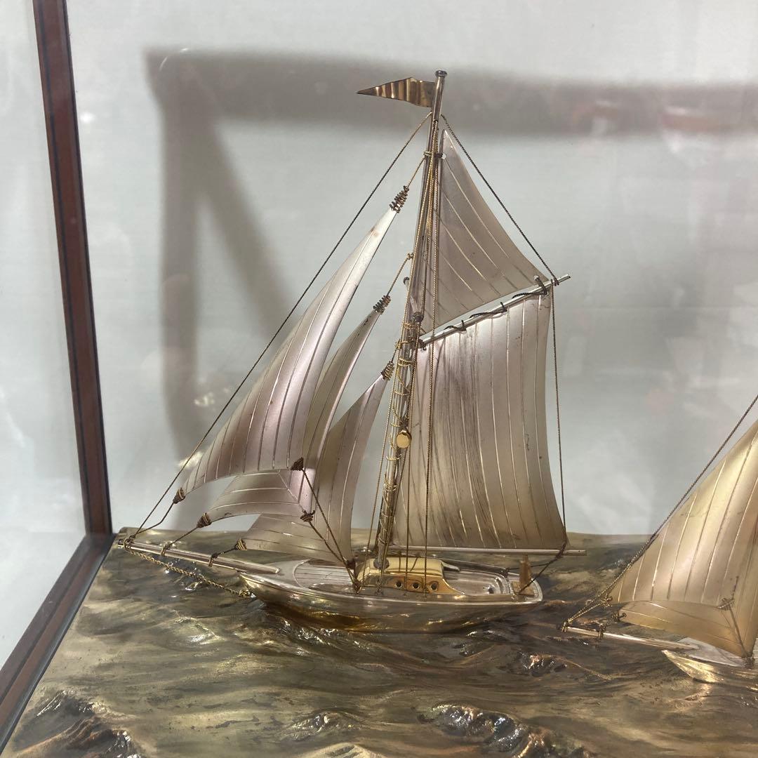 希少 2隻　シルバー製の帆船置物 ガラスケース付き　船　計124g 断捨離