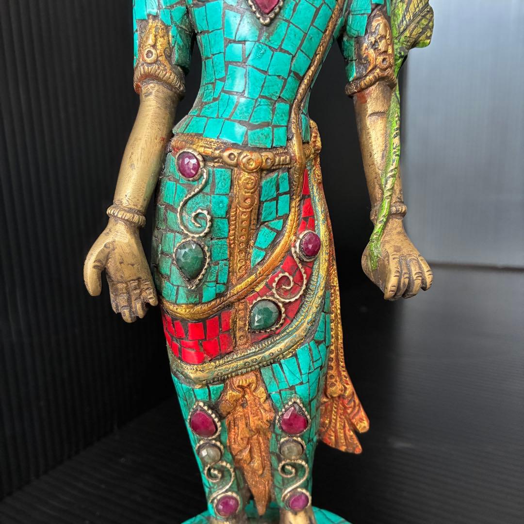 チベット 仏教 仏像 観音菩薩 ターコイズ象嵌 ブロンズ1.9kg 29cm